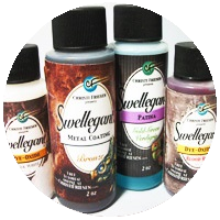 Circular image of small bottles of patinas